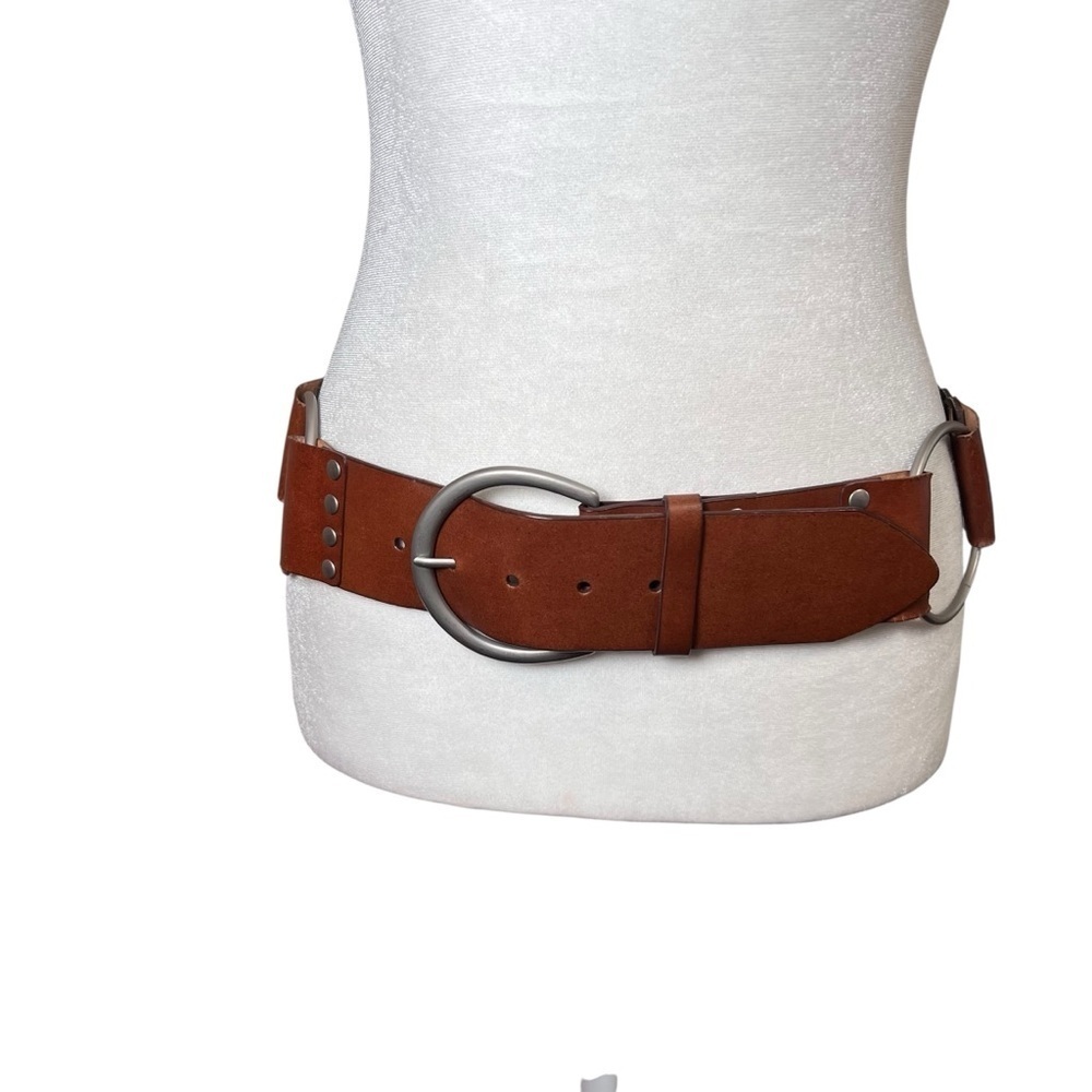 Brown Tooled Leather Wide Statement Belt Rings Boho Waist Festival Women’s Sz S - Picture 2 of 11
